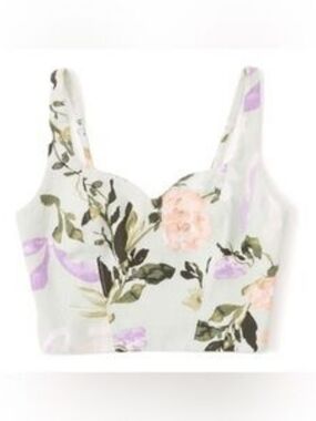 Abercrombie Green Floral Linen Blend Notch Neck Top XS